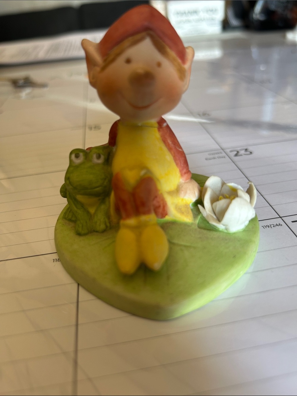 vintage Cute Elf Figurine with Frog and Flower - Yellow & Green